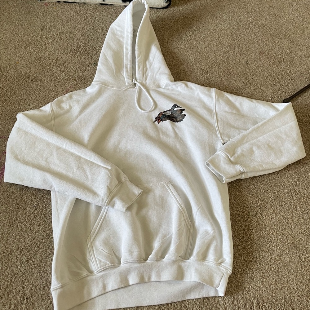 Gildan White Hoodie with Small Bird Graphic